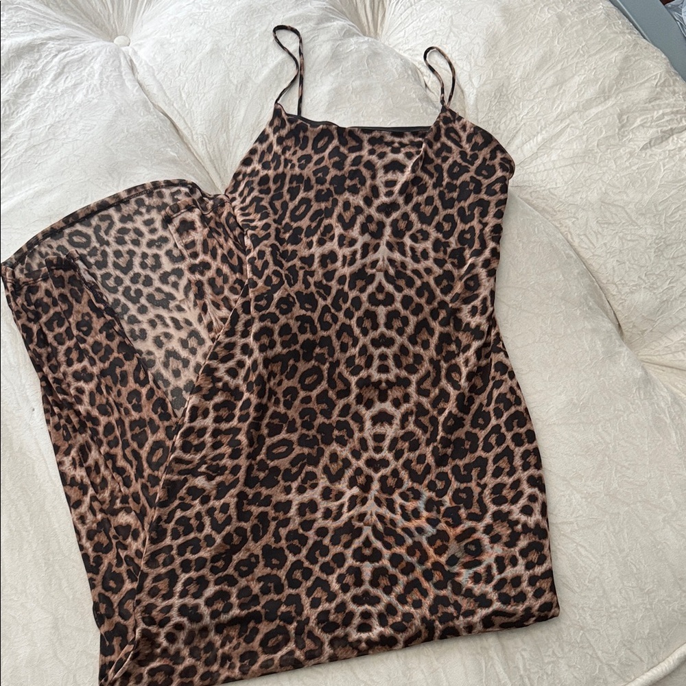 Leopard Print Slip Midi Dress - Brown